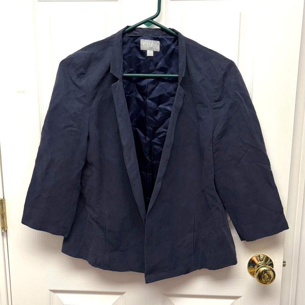 PURE Collection Blazer, Navy Blue Silk and Linen, 3/4 Sleeve, Women's Size 10
